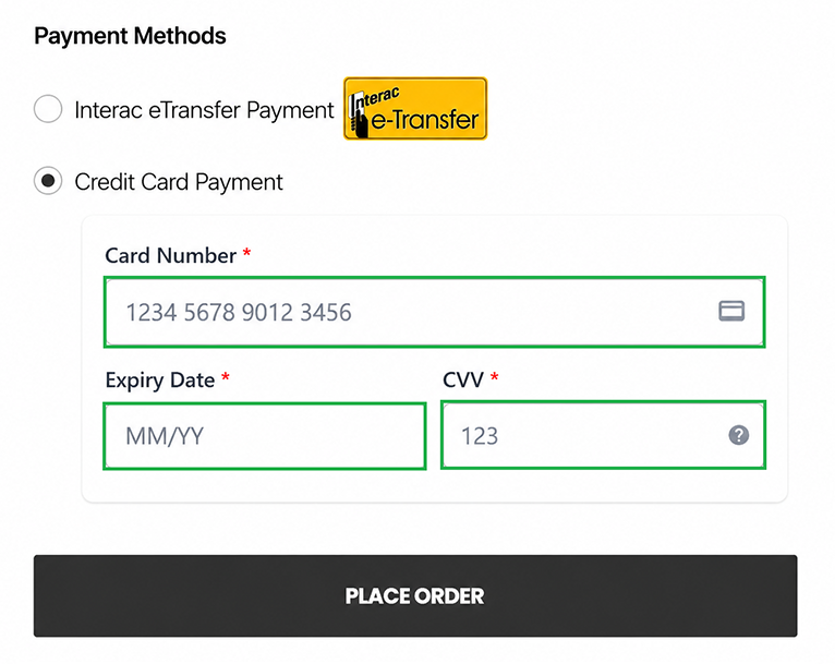 Checkout page with credit card payment fields
