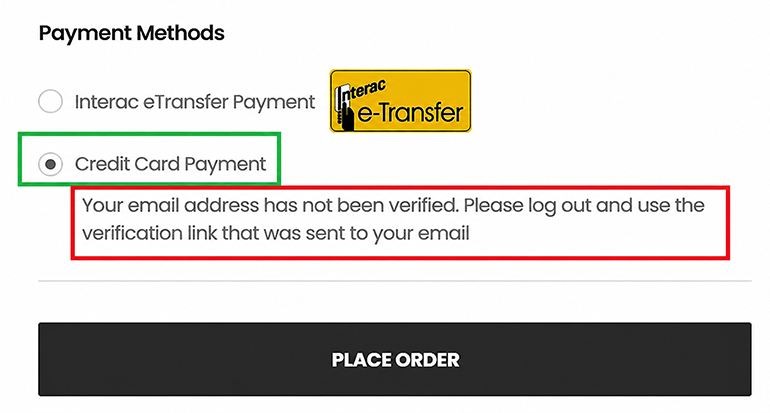 Checkout screen showing the email verification error message