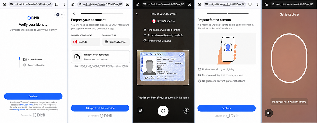 Didit verification steps showing license photo and selfie capture